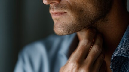 Obraz premium Worried young man gently touching her neck with subtle concern, expressing anxiety or health issues, medical checkup and nervousness concept. 