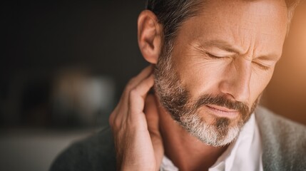 Fototapeta premium Worried young man gently touching her neck with subtle concern, expressing anxiety or health issues, medical checkup and nervousness concept. 