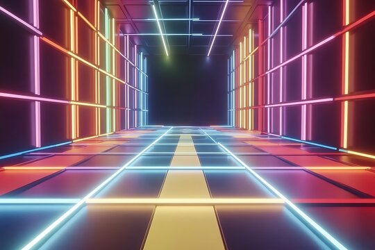 Neon lit futuristic hallway with colorful glowing lights and grid pattern for modern design