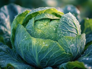 Close-up of a vibrant, dewy cabbage head