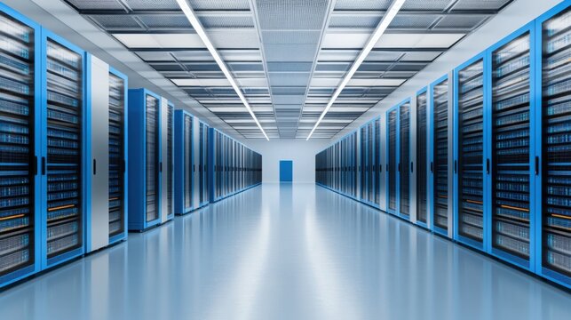 Modern Data Center Interior with Blue Rack Servers and Bright Lighting