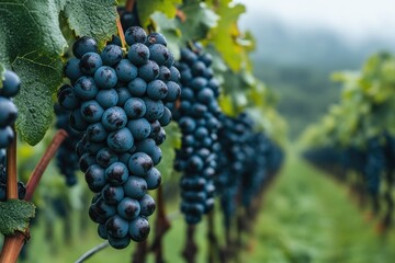 Close-up of bunches of dark grapes on vines