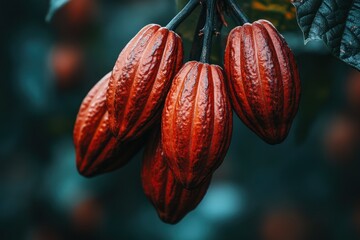 Close-up of cacao pods on branch