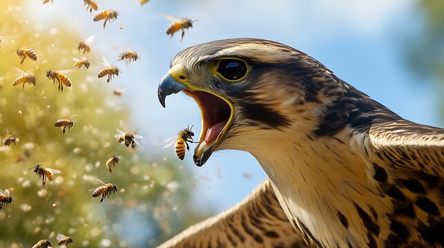 A Brown and Tan Falcon with Open Mouth Attacking a Swarm of Honeybees in Flight Against a Bright Blue Sky - Powered by Adobe
