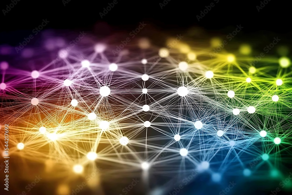 Poster abstract network connection structure with vibrant rainbow colors and glowing nodes.