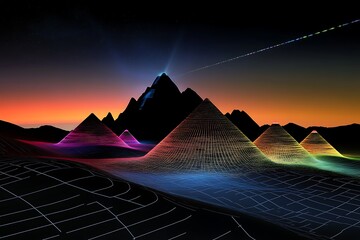 Digital landscape with mountains, pyramids, and futuristic grid, perfect for tech and design