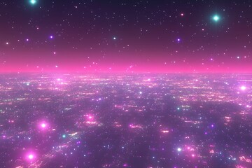 Cosmic Cityscape: Night View with Vibrant Lights and Starry Sky - Fantasy and Futuristic Ambiance