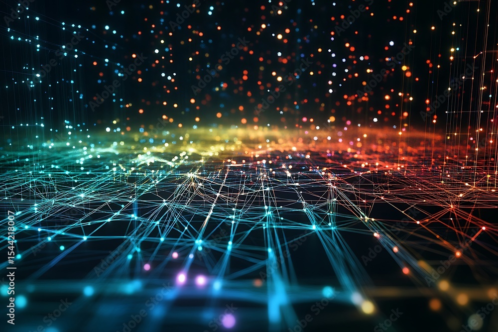 Poster abstract technology background with glowing nodes and network connections visualization