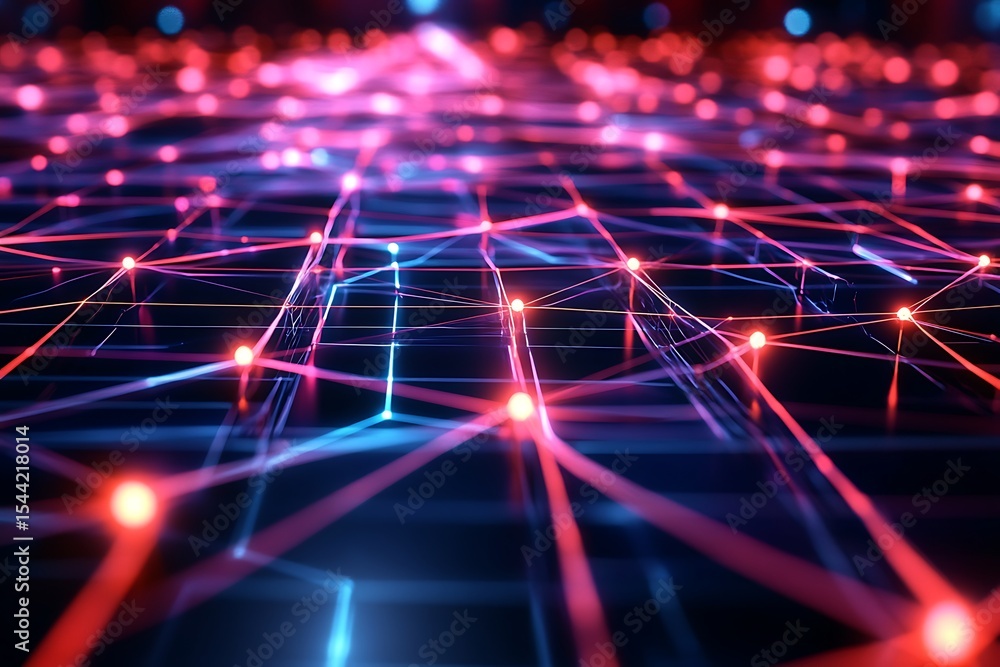 Poster abstract network connection structure with red and blue glowing nodes and lines
