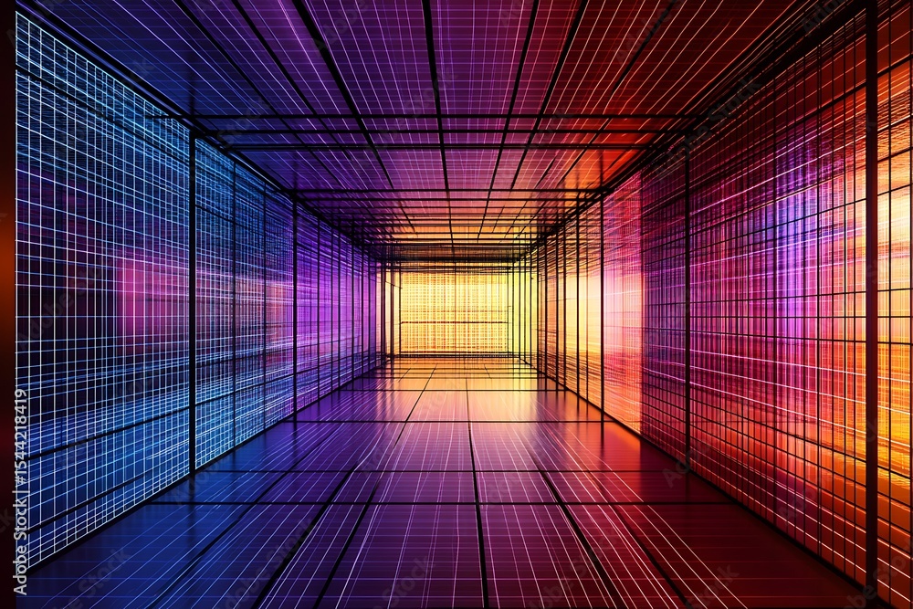 Aufkleber abstract neon tunnel with vibrant colors and grid pattern for modern technology concepts
