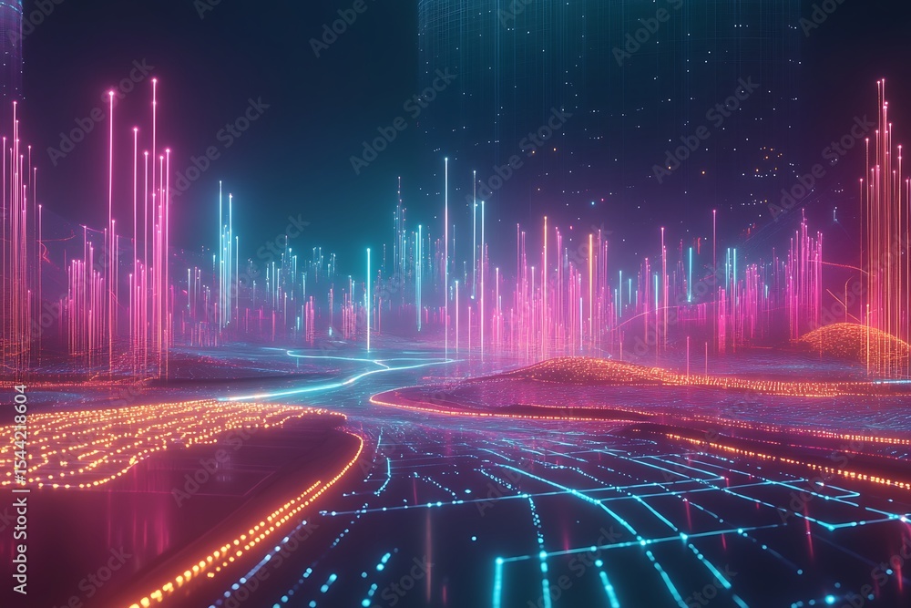 Poster digital city skyline with glowing neon lights and data streams for innovative tech concepts