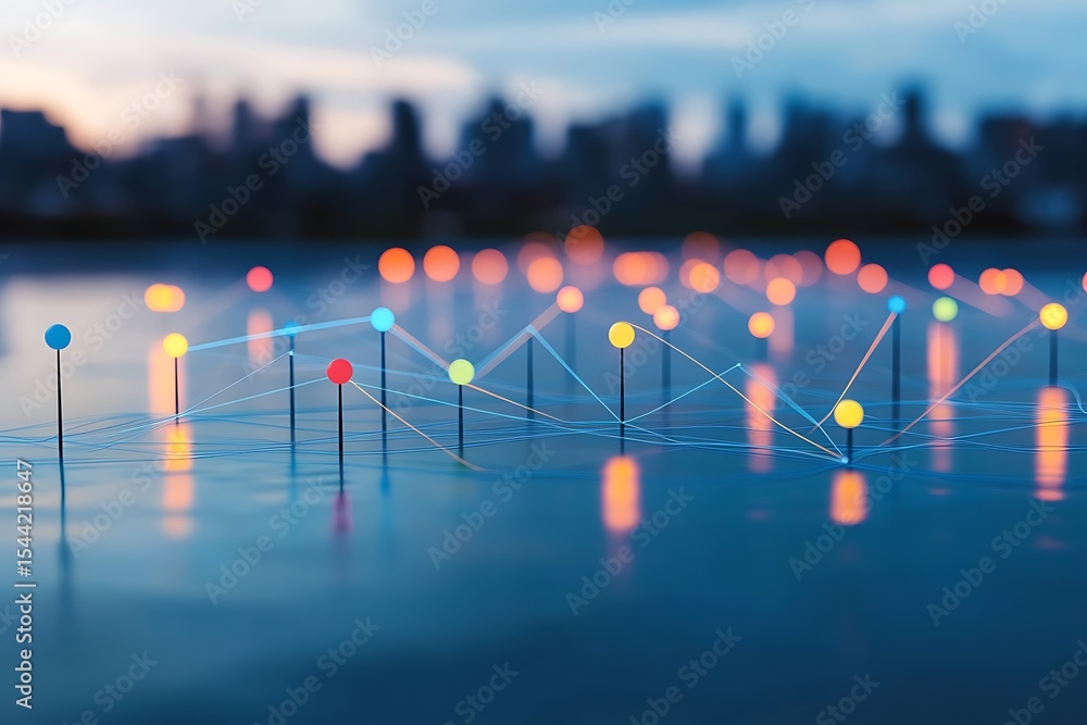 Poster futuristic technology concept with network connection lines and cityscape background at dusk