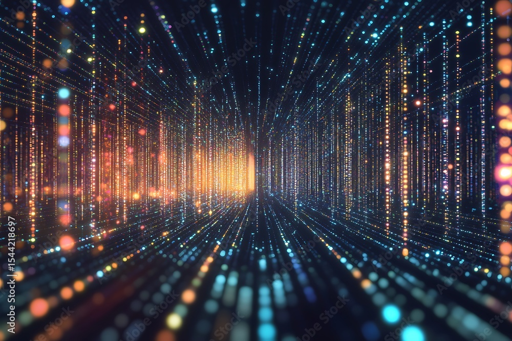 Poster digital data stream visualization with glowing particle lights and information flow concept