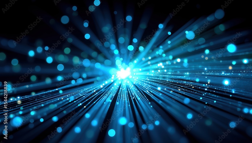 Poster abstract fiber optic communication technology background with glowing blue light rays and bokeh effe