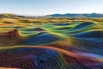 Abstract Land Digital Terrain Model with Colorful Grid on Rolling Hills Landscape View