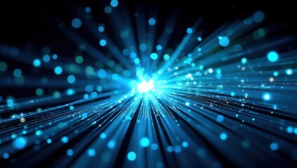 Abstract fiber optic communication technology background with glowing blue light rays and bokeh effects, digital data transmission concept in 3D rendering illustration style
