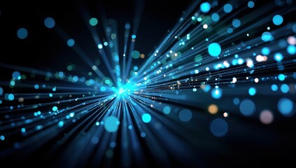 Abstract fiber optic communication technology background with glowing blue light rays and bokeh effects, digital data transmission concept in 3D rendering illustration style