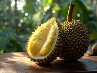 Durian fruit halved on wooden surface