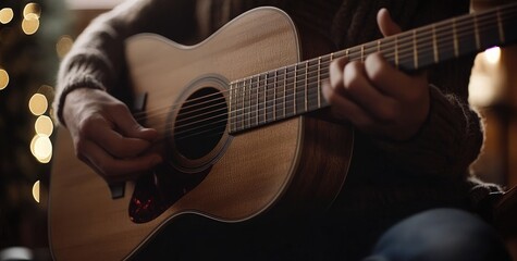 Obraz premium A close-up of an acoustic guitar, bathed in warm golden light, evoking the cozy ambiance and musical vibes of a live performance.