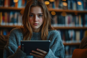 Young Woman Using Tablet in Library