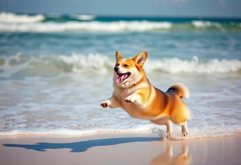 Energetic corgi leaps near ocean waves on a sunny beach,  fun,  beach