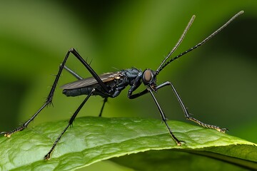 Fototapeta premium Black Fly Insect Macro Photography Dark Colored Insect on Green Leaf Detailed View of Legs and Antennae A I