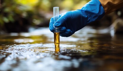 A close-up of an engineer's hand in blue gloves, holding and taking water samples from the river using glassware for quality control, under natural daylight.