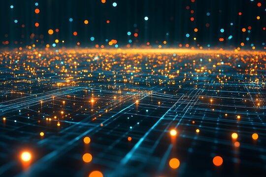Digital data stream visualization with glowing particles and network grid background