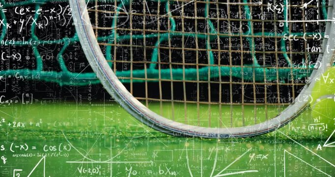 Entering frame, yellow tennis ball rolling across grass tracing formulas resting inside racket head