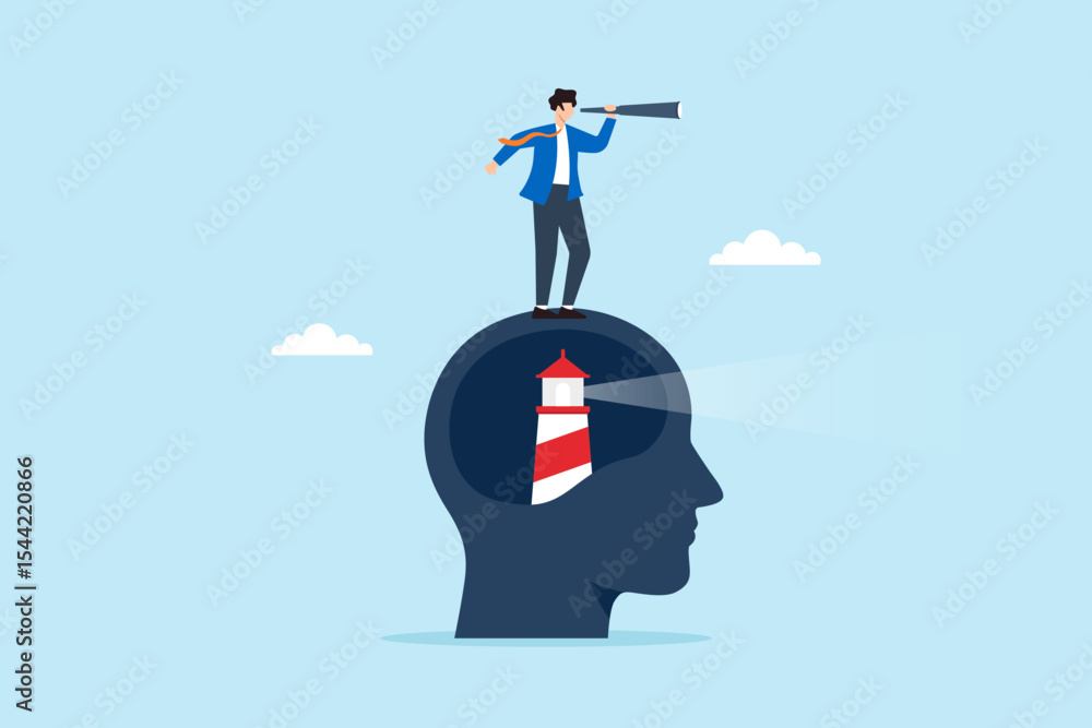 Poster flat illustration of businessman using telescope on head with lighthouse inside to represent vision 