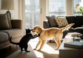 Obraz na płótnie Canvas Playful cat and dog interacting in a home.