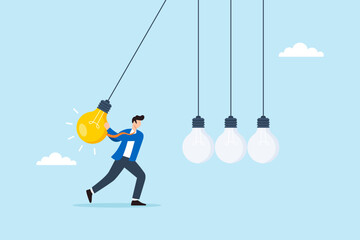 Flat illustration of businessman swinging glowing lightbulb as pendulum to spark creativity innovation and knowledge transfer