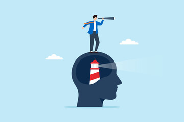 Flat illustration of businessman using telescope on head with lighthouse inside to represent vision insight guidance and leadership direction