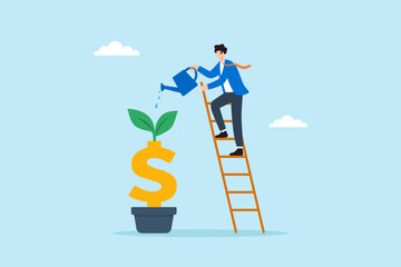Flat illustration of businessman on ladder watering plant growing from dollar sign in pot for investment nurturing and financial growth