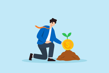 Flat illustration of businessman kneeling to plant golden coin seedling into soil for early investment and long term financial growth
