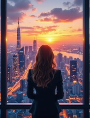 Obraz na płótnie Canvas businesswoman back cityscape view concept. Woman gazing at a city skyline during a vibrant sunset.