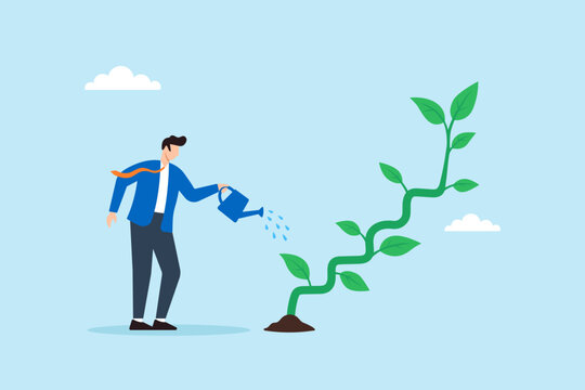 Flat illustration of businessman watering step-shaped plant growing upward to represent gradual business success and steady goal achievement