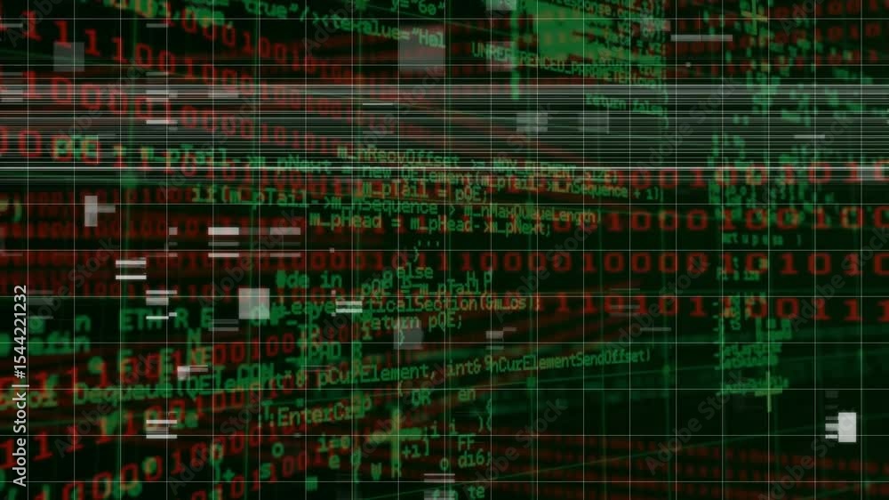 Poster opening grid starting sliding lines scrolling code and glitch blocks visualizing digital disruption