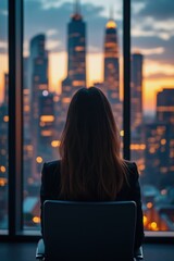 businesswoman back cityscape view concept. Silhouette of a woman looking out at a city skyline at sunset.