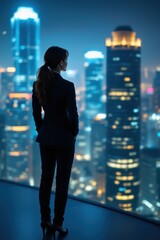 Obraz na płótnie Canvas businesswoman back cityscape view concept. Businesswoman overlooking a city skyline at night.
