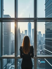 businesswoman back cityscape view concept. A person gazing at a city skyline through a large glass window.