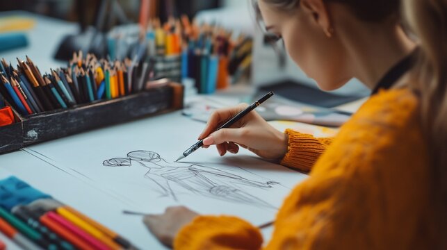 Fashion Designer Sketching a New Dress Design with Pencil on Paper
