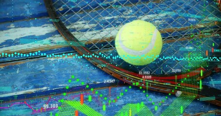 Shot starting waveforms swirling around tennis ball, candlestick bars emerging visualizing metrics - Powered by Adobe