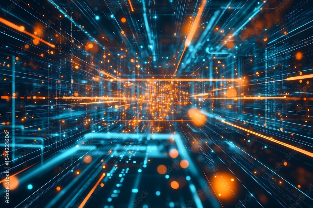 Poster abstract technology background with digital data stream and glowing network nodes
