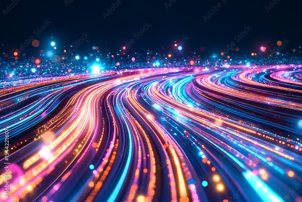 Poster abstract light trails background with vibrant neon colors, data stream visualization and connection