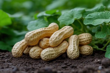 Shelled peanuts on soil, surrounded by leaves
