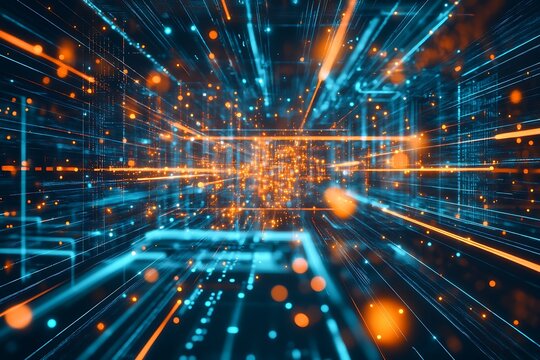 Abstract technology background with digital data stream and glowing network nodes