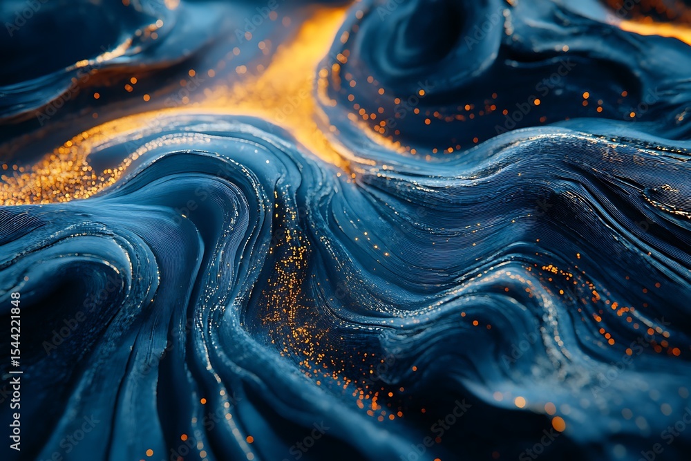 Poster abstract blue and gold wavy background with flowing lines and shimmering particles design