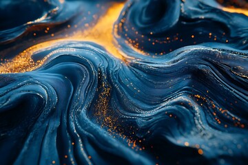 Abstract blue and gold wavy background with flowing lines and shimmering particles design