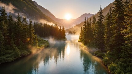 Sunrise over a tranquil mountain river valley, shrouded in morning mist